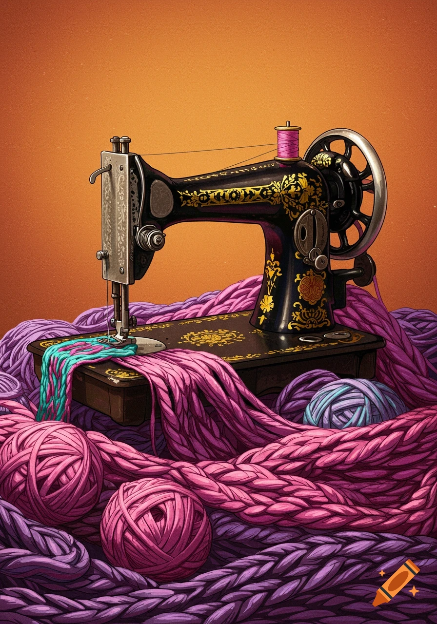 A vintage black and gold sewing machine sits on a bed of pink and purple yarn balls and braids.