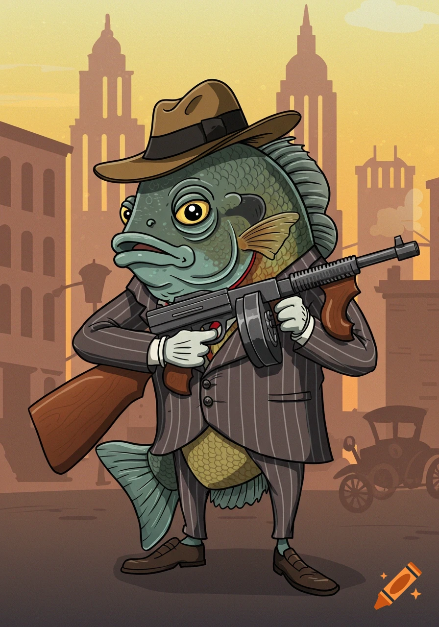 A cartoon fish dressed in a pinstripe suit and fedora, holding a tommy gun in front of a cityscape background.