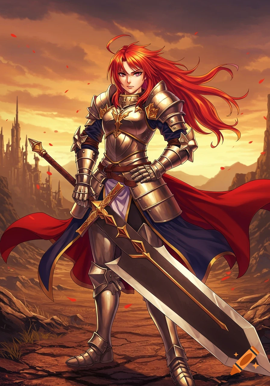 Anime female knight with red hair in armor holding a greatsword against a fantasy landscape.