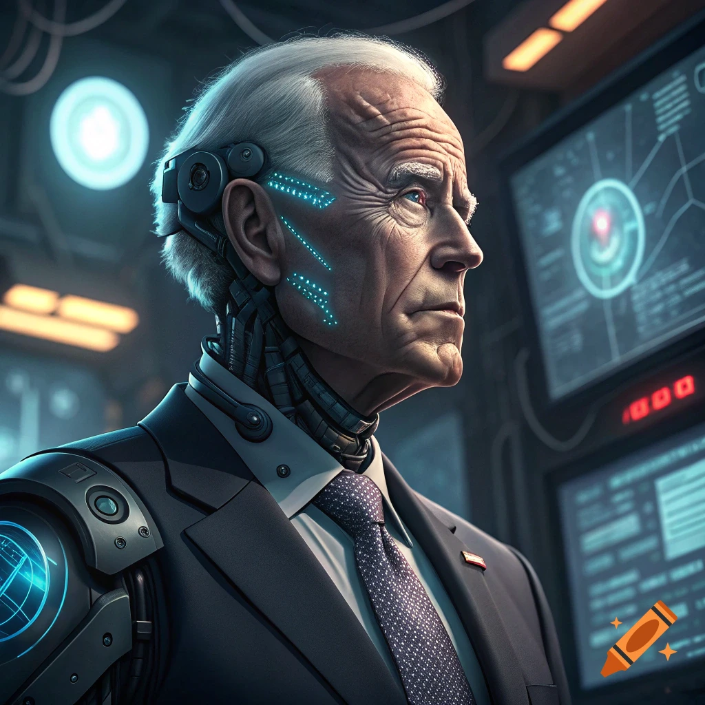 Close-up profile of Joe Biden as a cyborg in a futuristic control room, circuits glowing on his face, digital art.