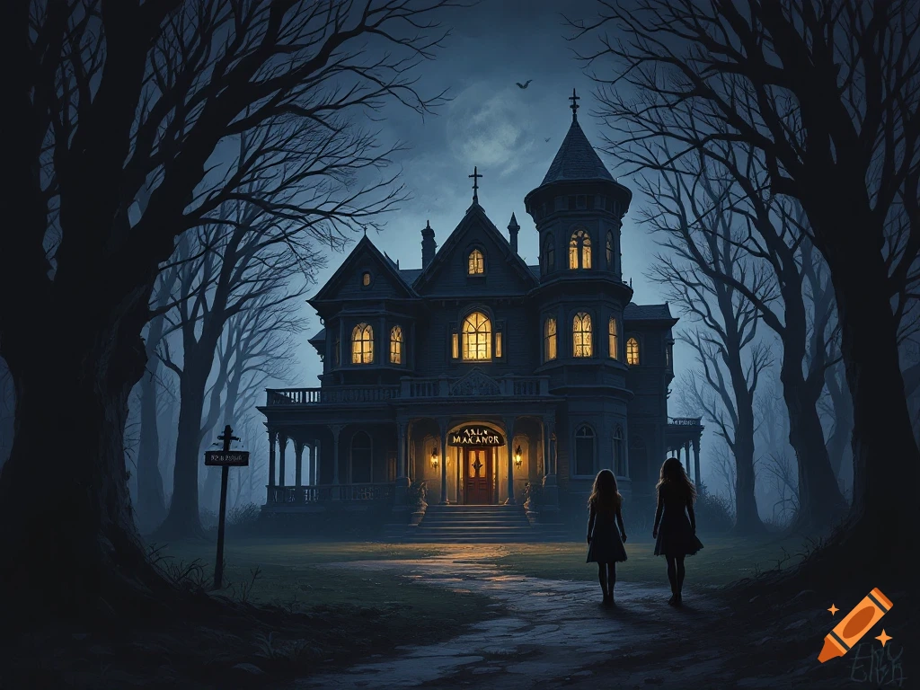 Two girls walk toward a spooky, dark gothic mansion in the woods at night.