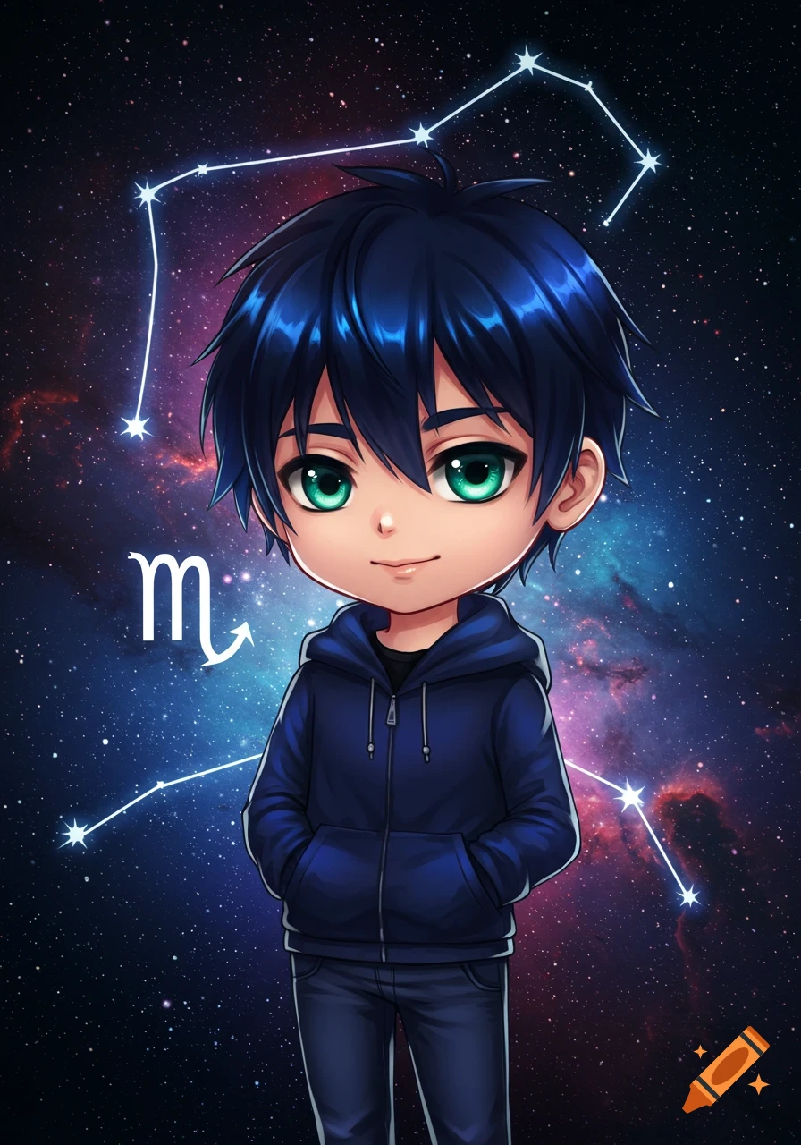 Cute chibi anime boy in a blue hoodie against a space background with the Scorpio constellation and symbol.
