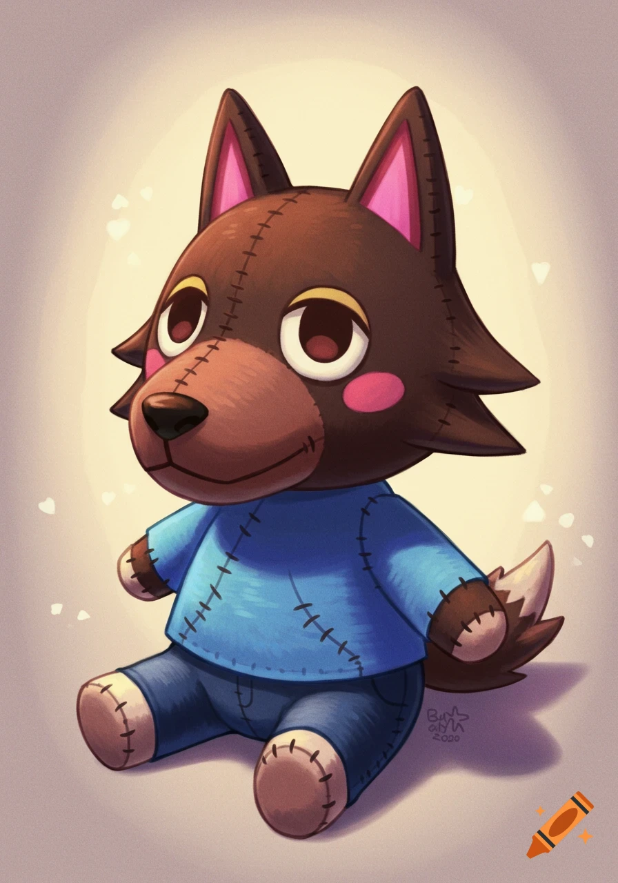 Cute cartoony stitched plush toy wolf character sitting down.