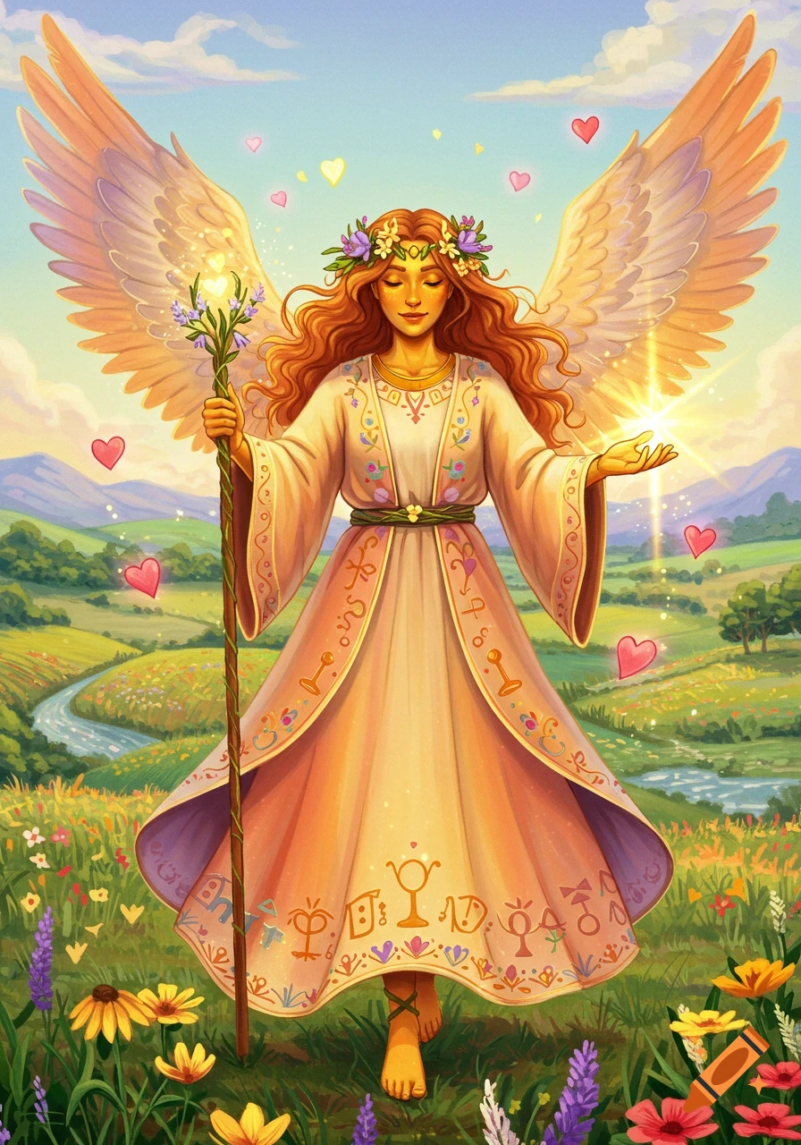 Illustration of a winged goddess holding a staff in a field of flowers, surrounded by hearts.