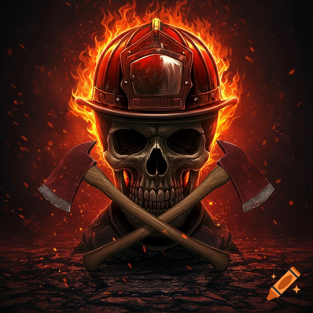 Stylized skull wearing a fire helmet, with crossed axes and fire background.