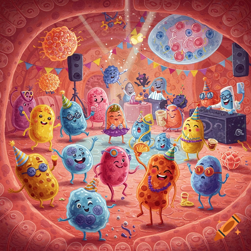 Cartoon anthropomorphic cells are dancing and celebrating inside a body organ, featuring party hats, music, and drinks.
