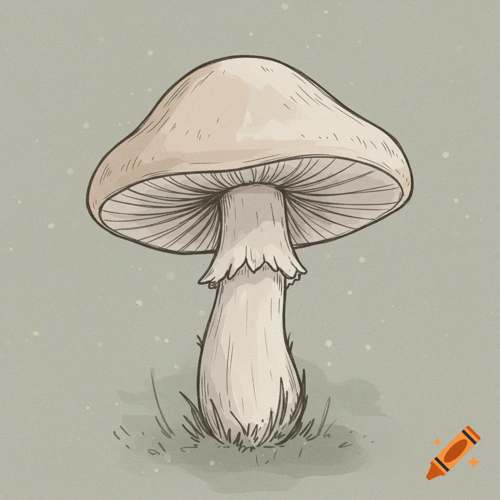 Hand-drawn watercolor illustration of a mushroom in neutral tones.