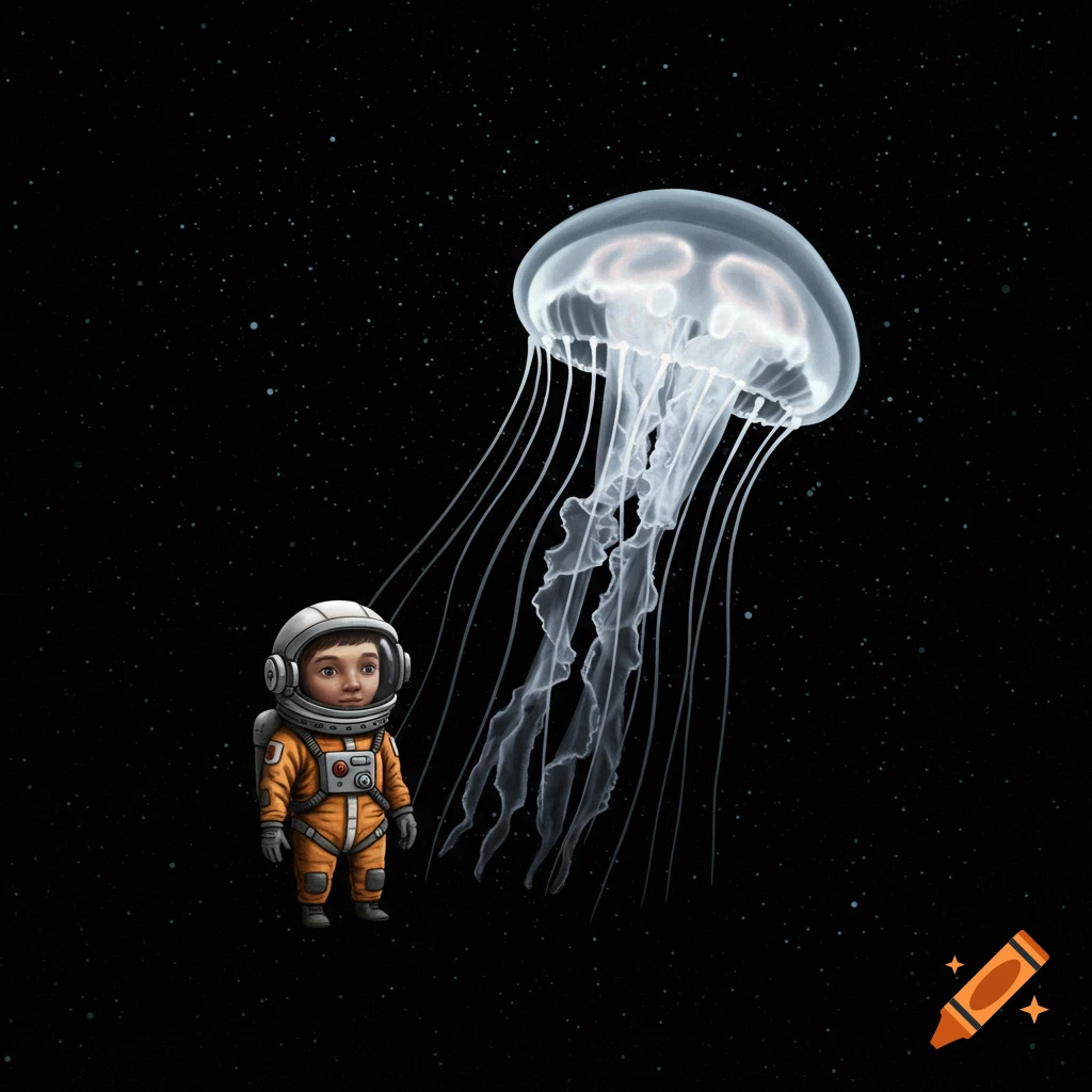 Tiny astronaut looks up at a giant translucent jellyfish in space.