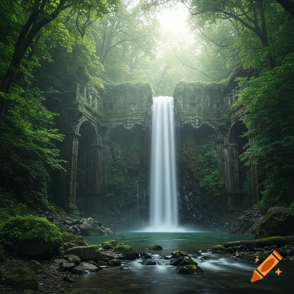 A waterfall cascades from ancient ruins into a pool in a lush forest.