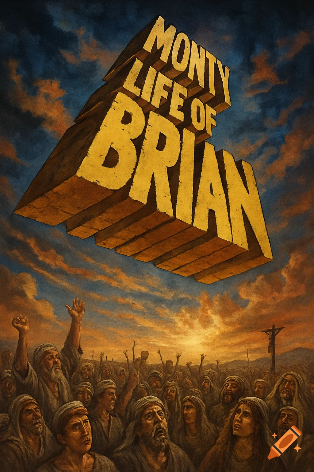 Large gold 3D text "MONTY LIFE OF BRIAN" floats above a crowd looking up, with a crucifixion cross in the background, in a painterly style.
