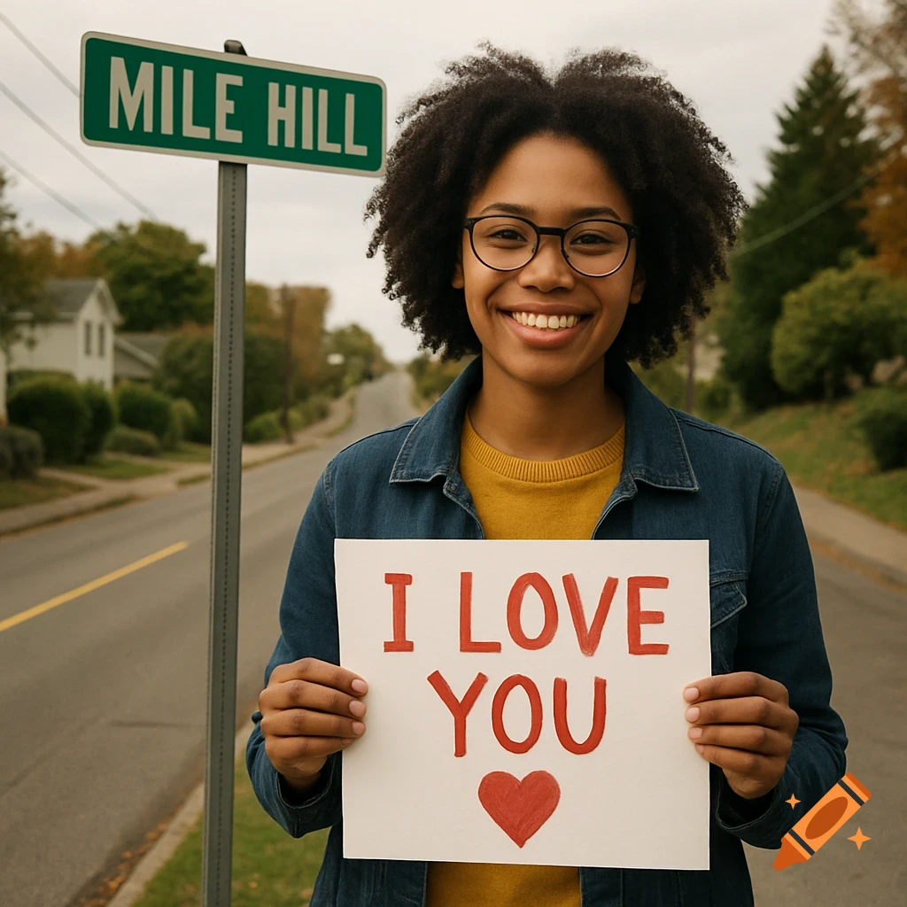 Smiling person in glasses holds a sign saying 'I love you' near a 'Mile Hill' street sign.
