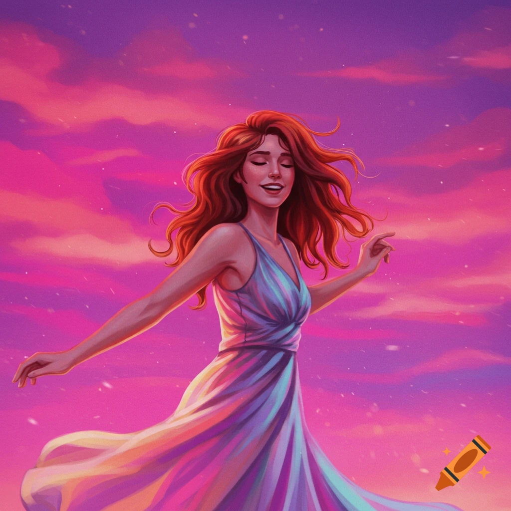 A woman with red hair dances in a vibrant pink and purple sky.