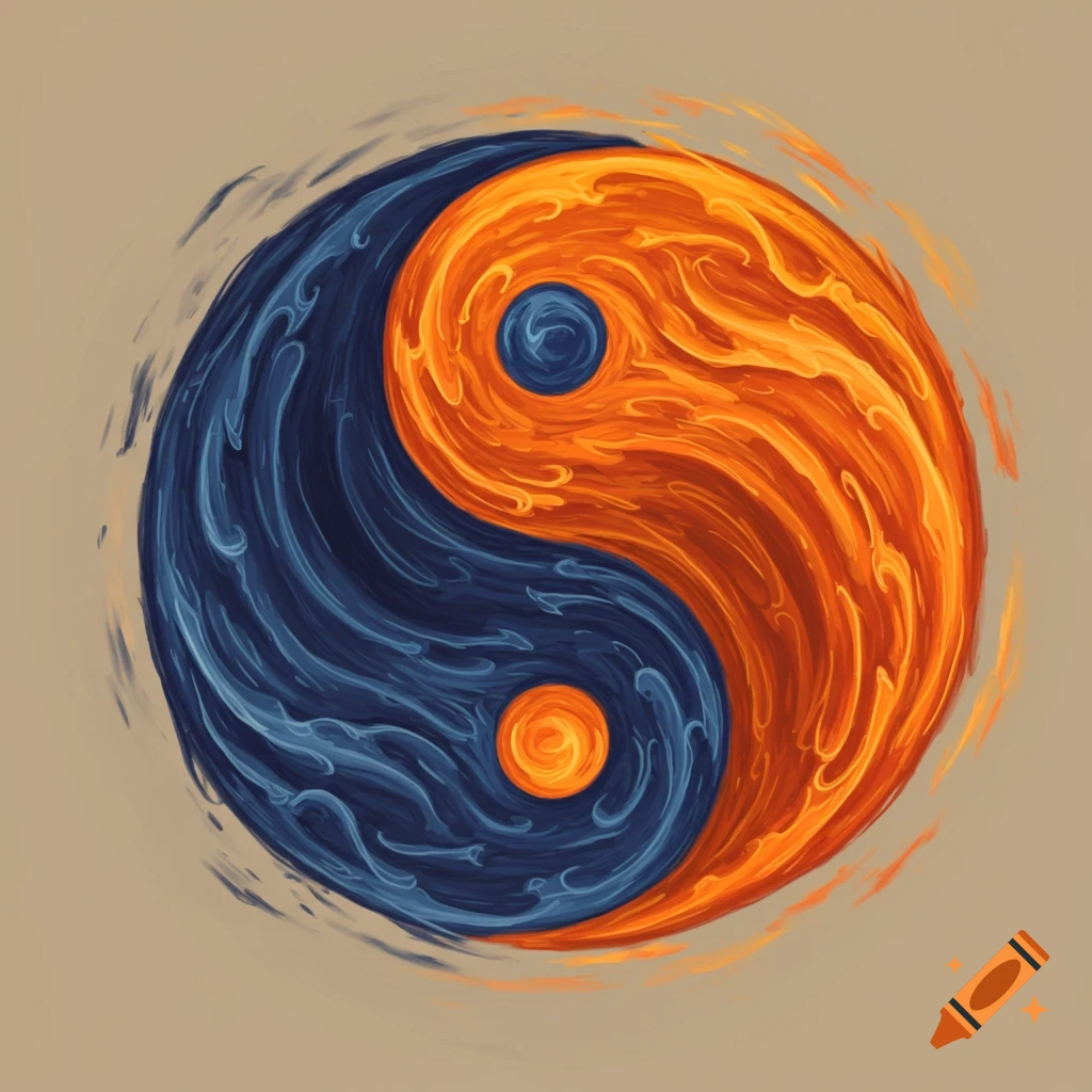 Painterly Yin Yang symbol made of blue water and orange fire elements.