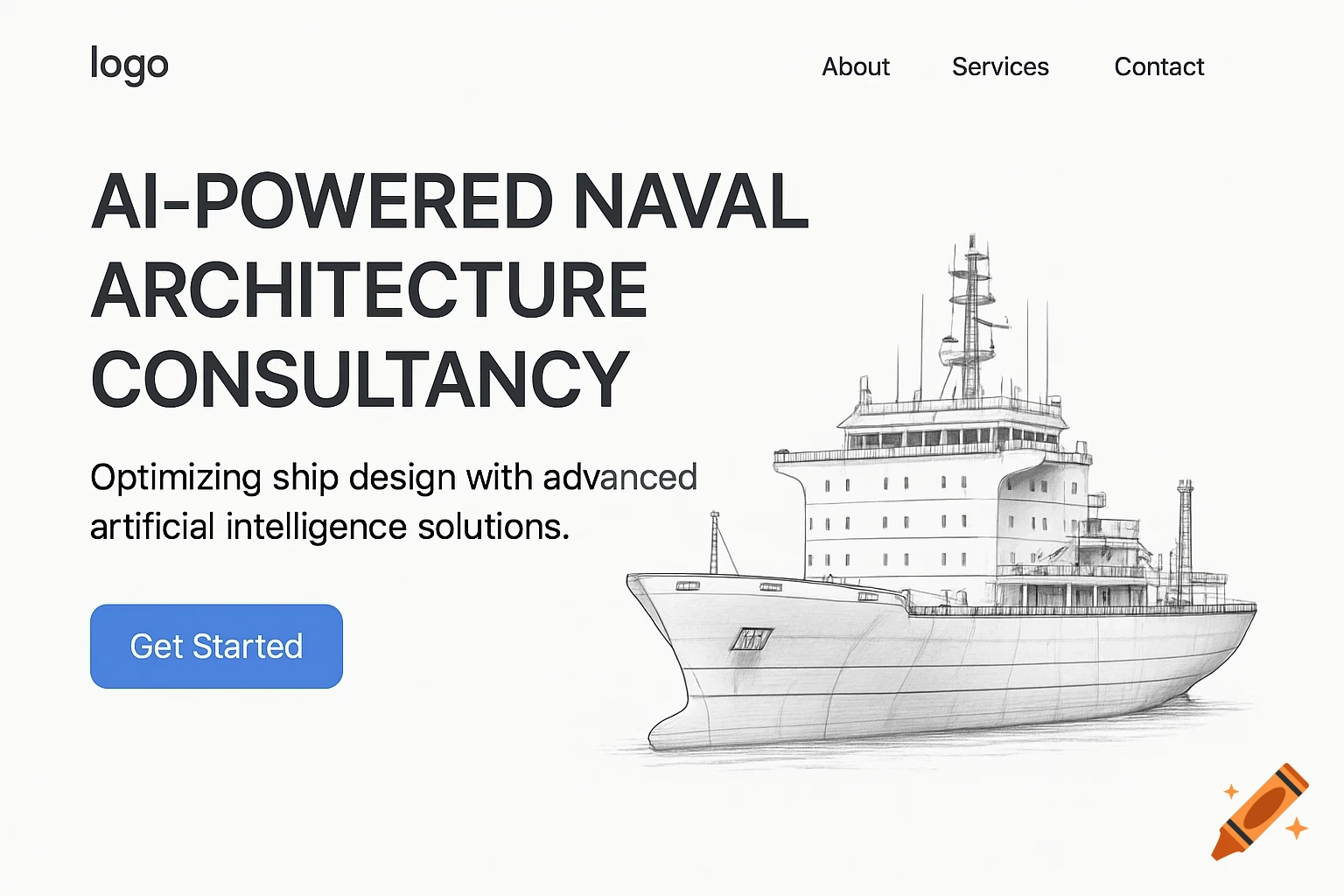 Website design with a sketch of a ship and text AI-POWERED NAVAL ARCHITECTURE CONSULTANCY.