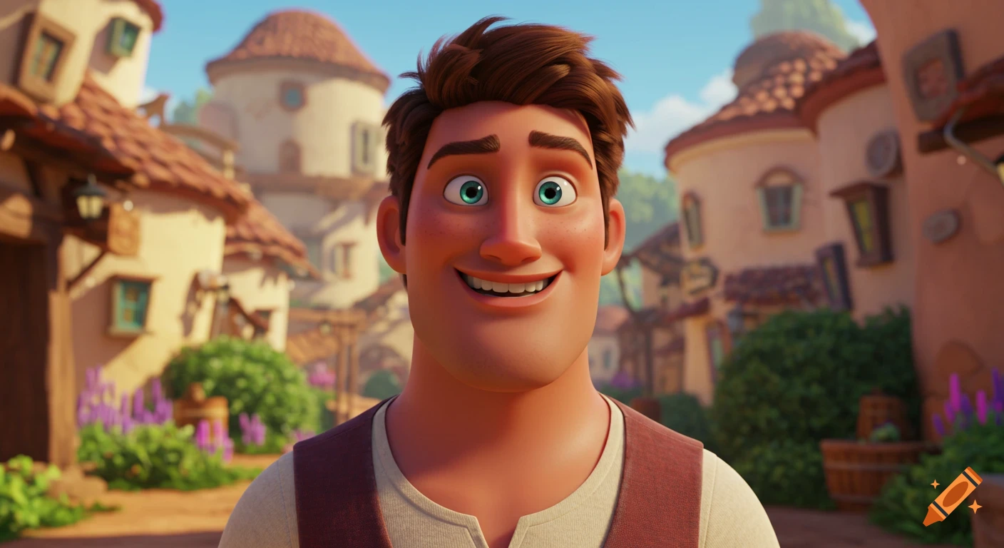 Smiling animated man with blue eyes and brown hair in a village.