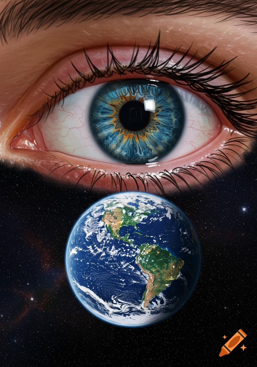 Close-up digital illustration of a human eye looking down at the Earth in space.