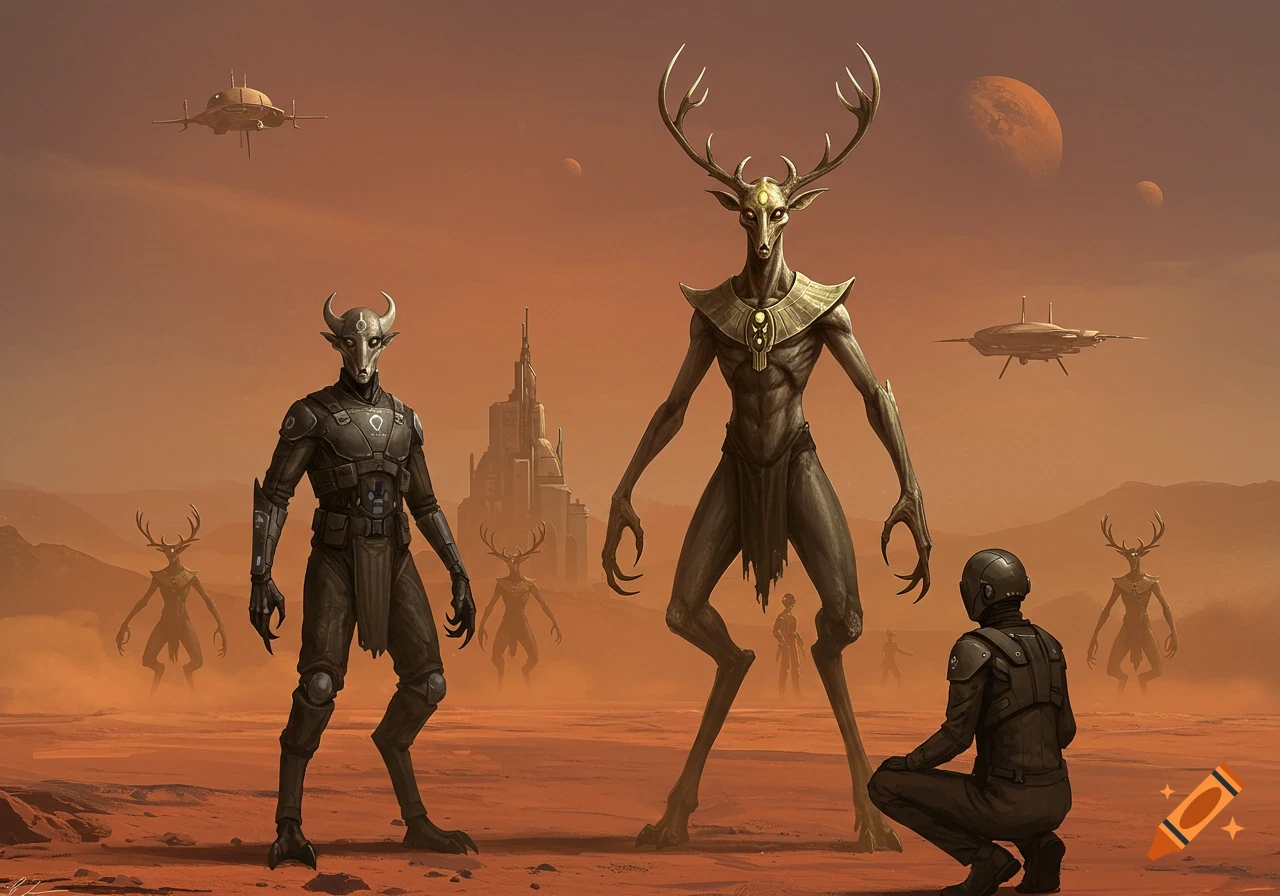 Two distinct alien species, one tall with antlers and one in armor, confront a human on a red desert planet with spaceships and futuristic buildings.
