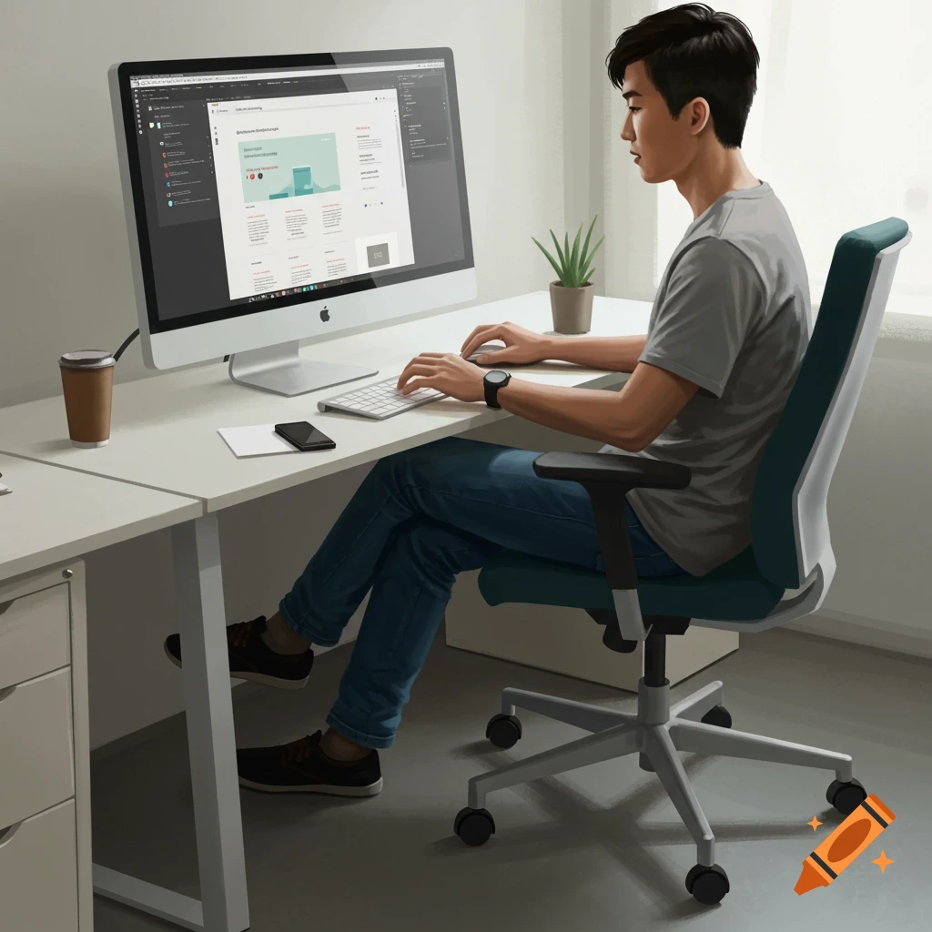 A person sits at a desk working on a computer in an office setting.