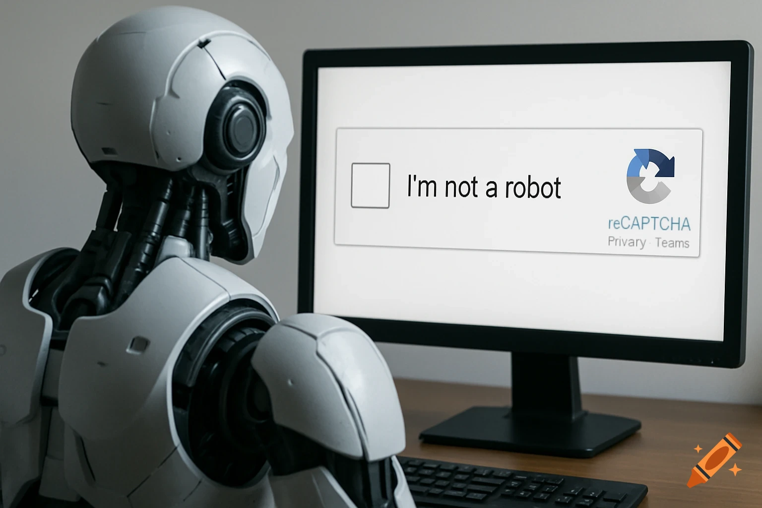 Robot looking at computer screen with reCAPTCHA 'I'm not a robot' check ...