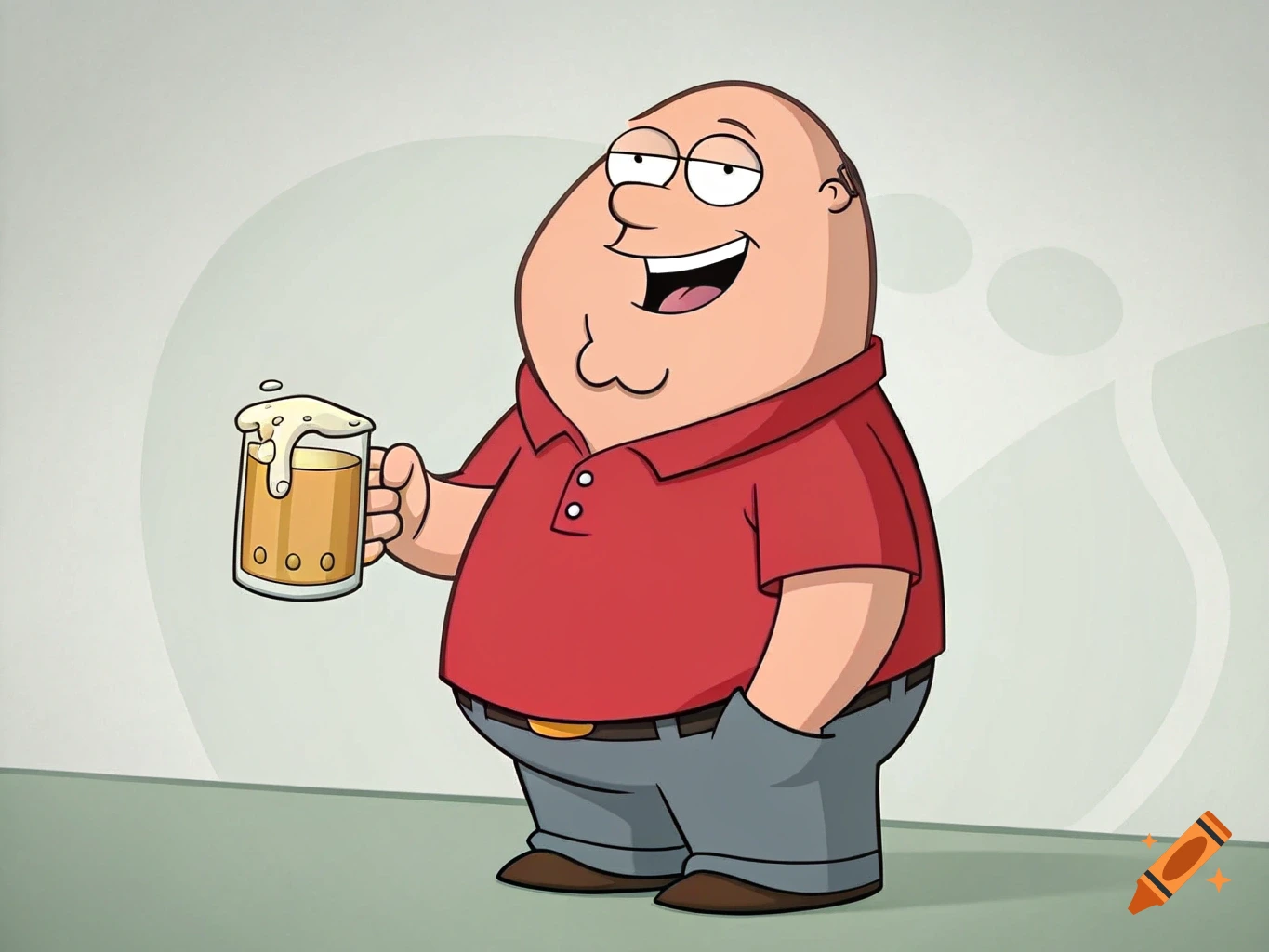 Cartoon character resembling Peter Griffin holding a foamy beer mug