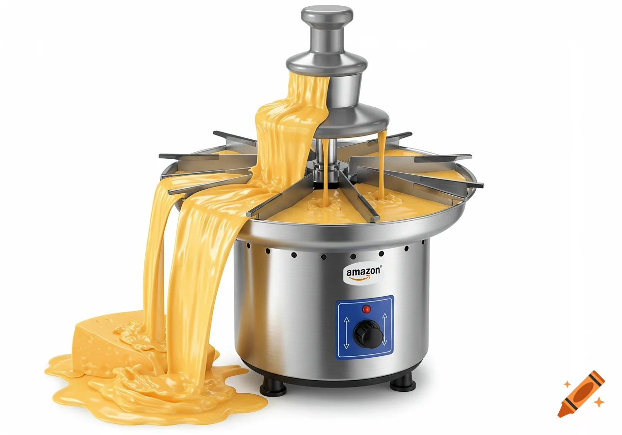 A stainless steel cheese fountain with bright orange cheese cascading down, like a product photo.