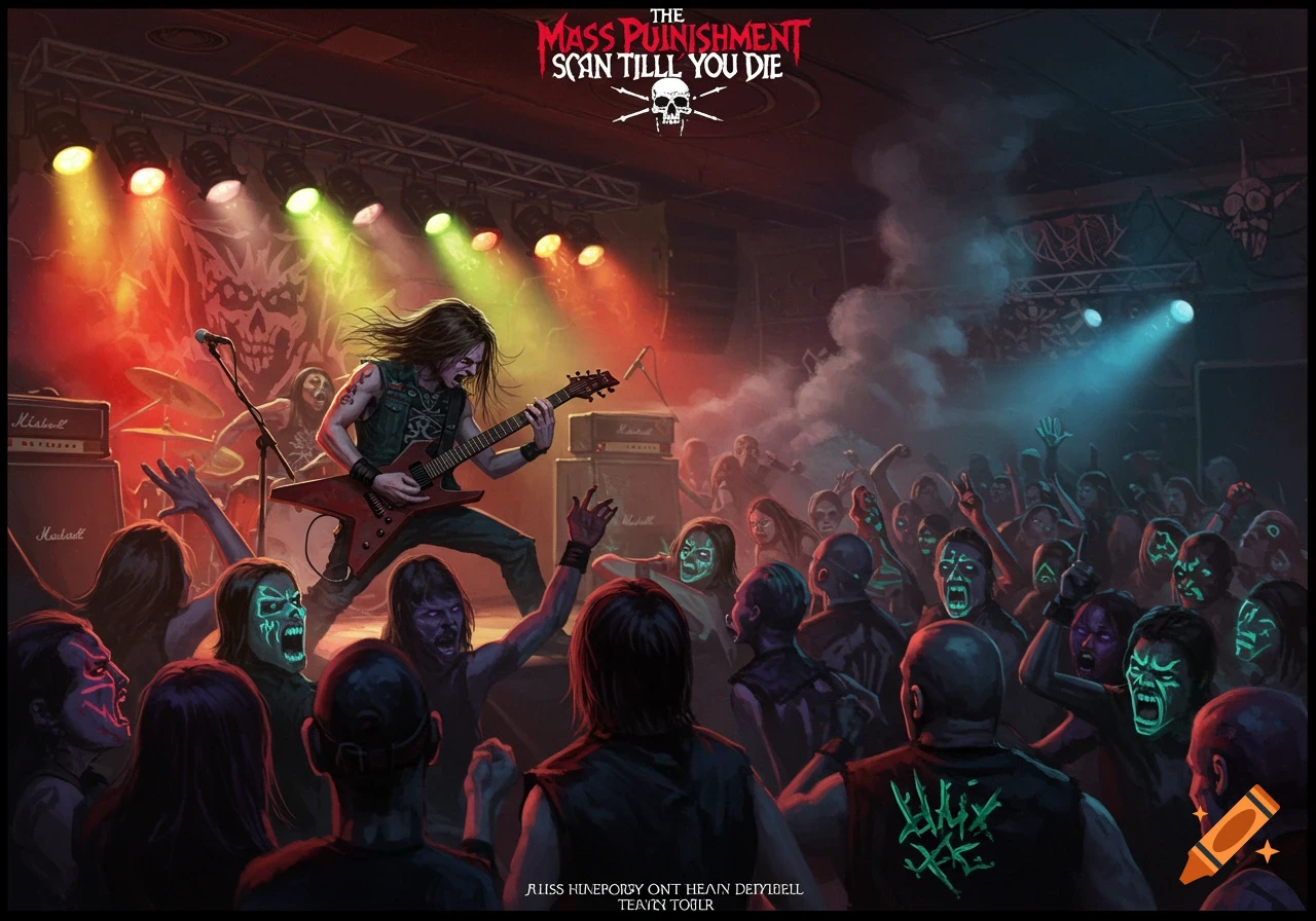 Heavy metal band plays a concert to a crowd of screaming fans with glowing faces.
