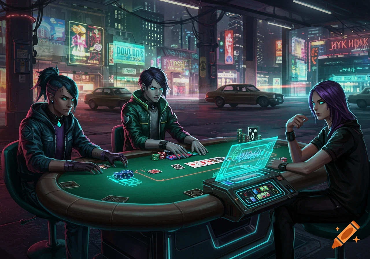 Three anime-style characters play poker at a futuristic table in a neon-lit city.