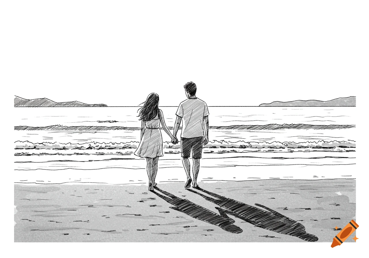 Black and white sketch of a couple walking on a beach. on Craiyon