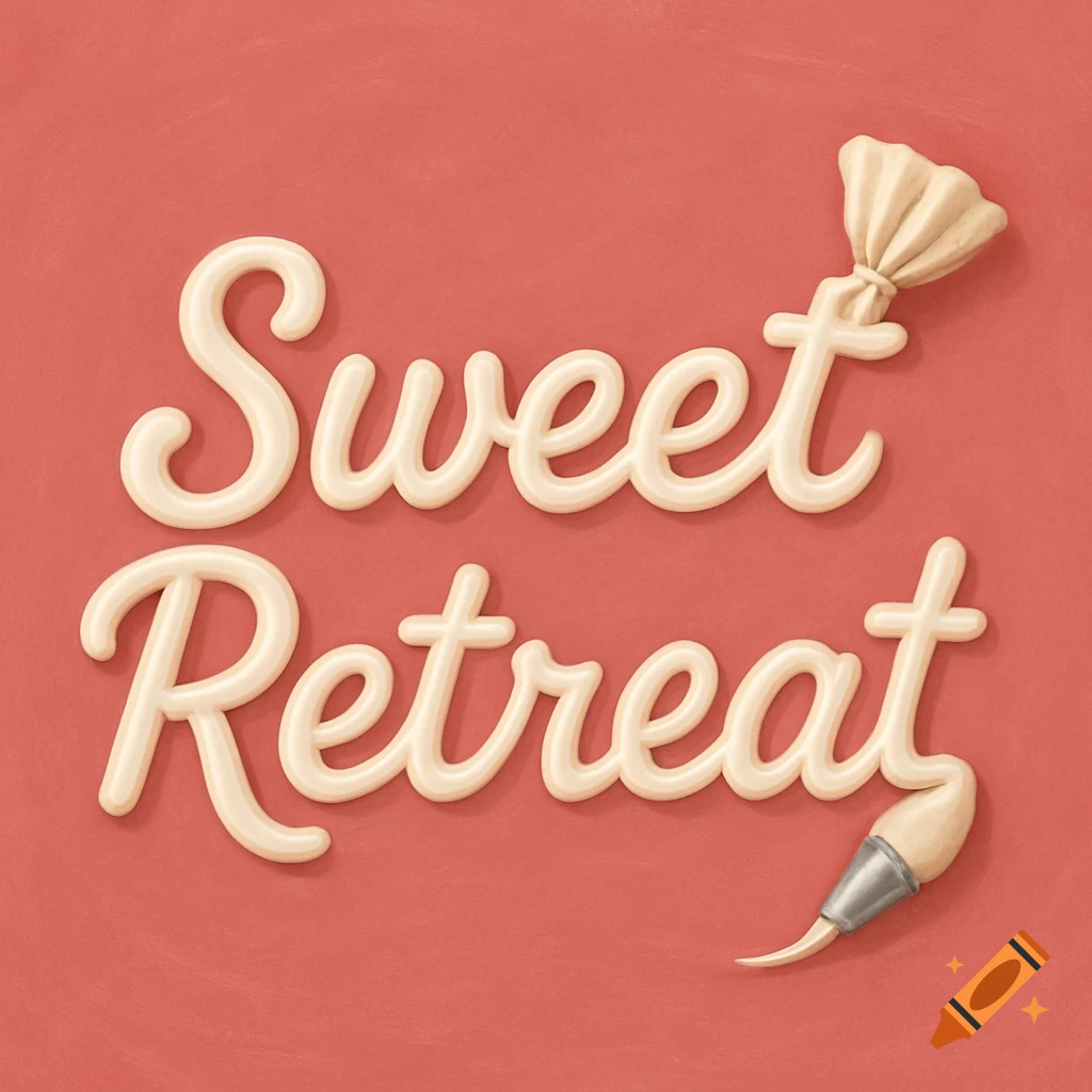 Sweet Retreat logo text made from white icing on a pink background, with an icing bag attached to the words.