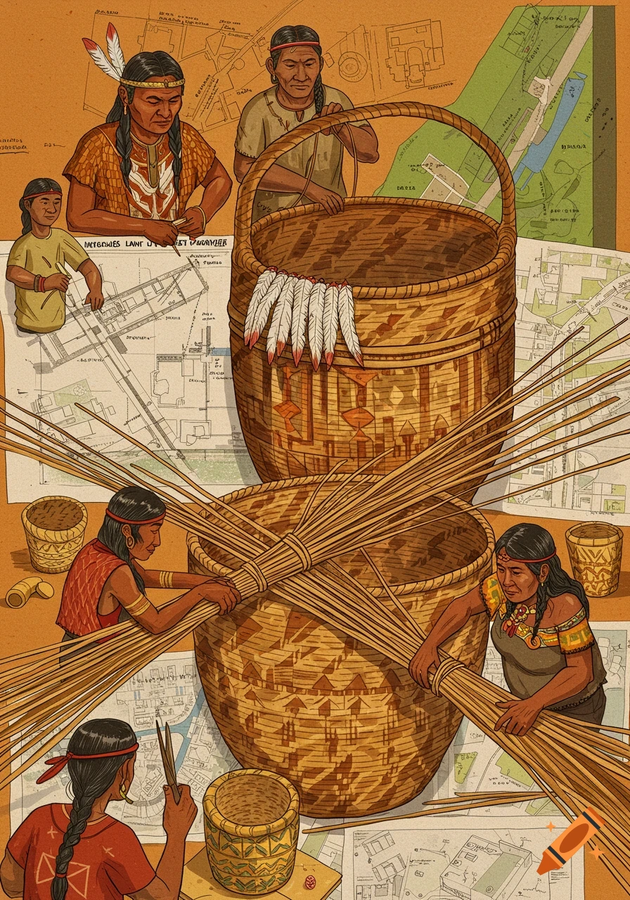 Illustration of Indigenous people weaving large baskets surrounded by maps and diagrams.
