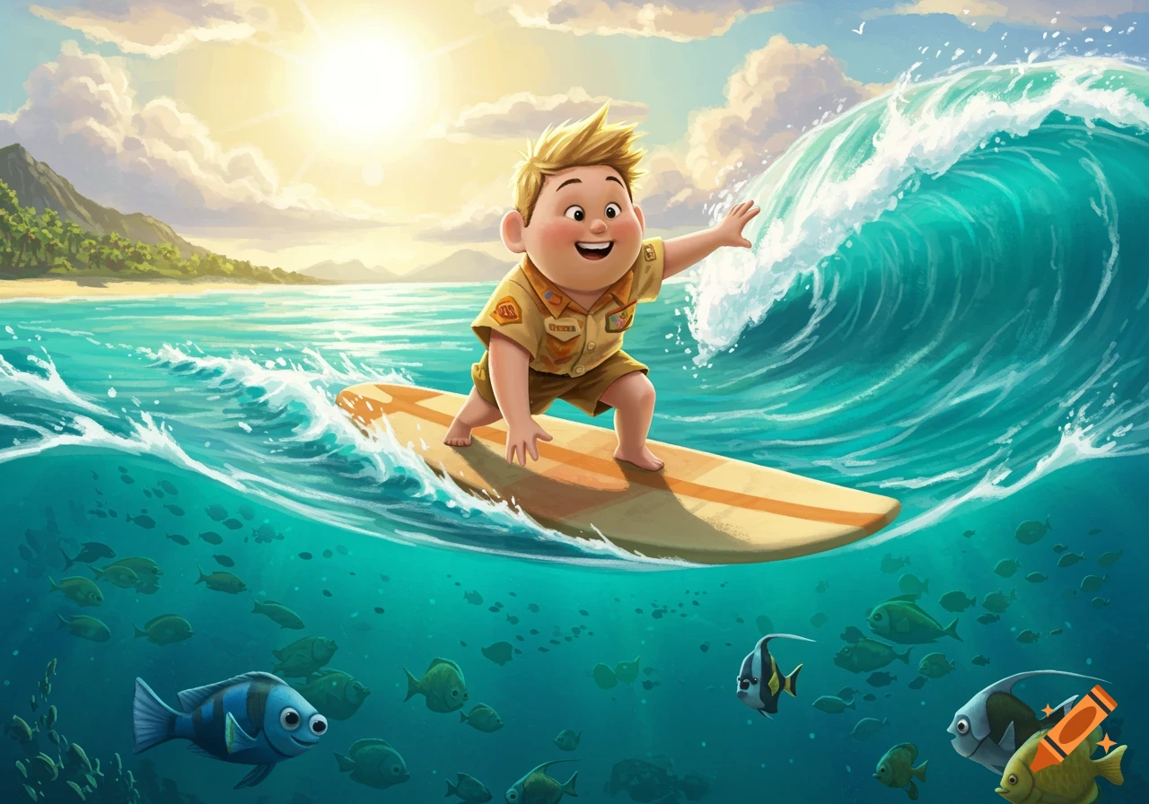 Cartoon boy surfing on a wave with fish underwater