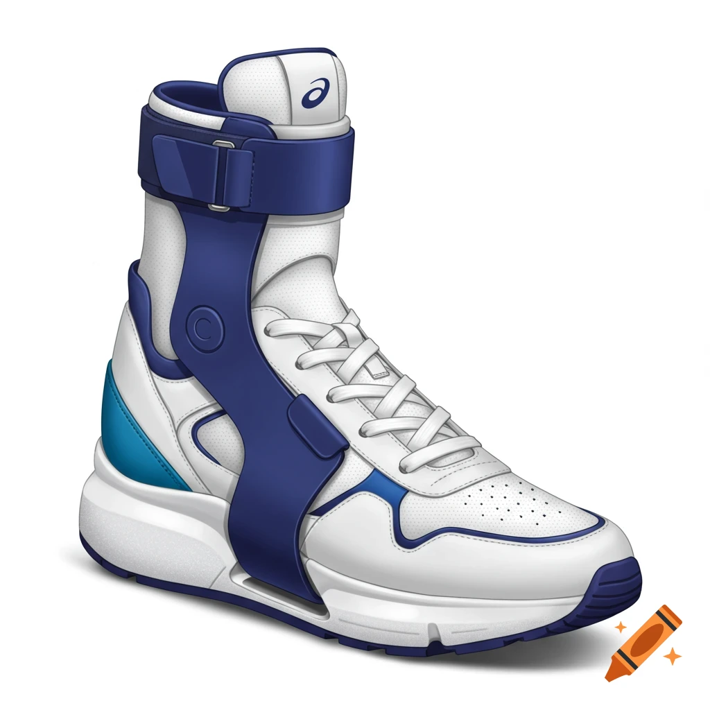Realistic product design of a white high-top sneaker with a large blue strap, against a white background.