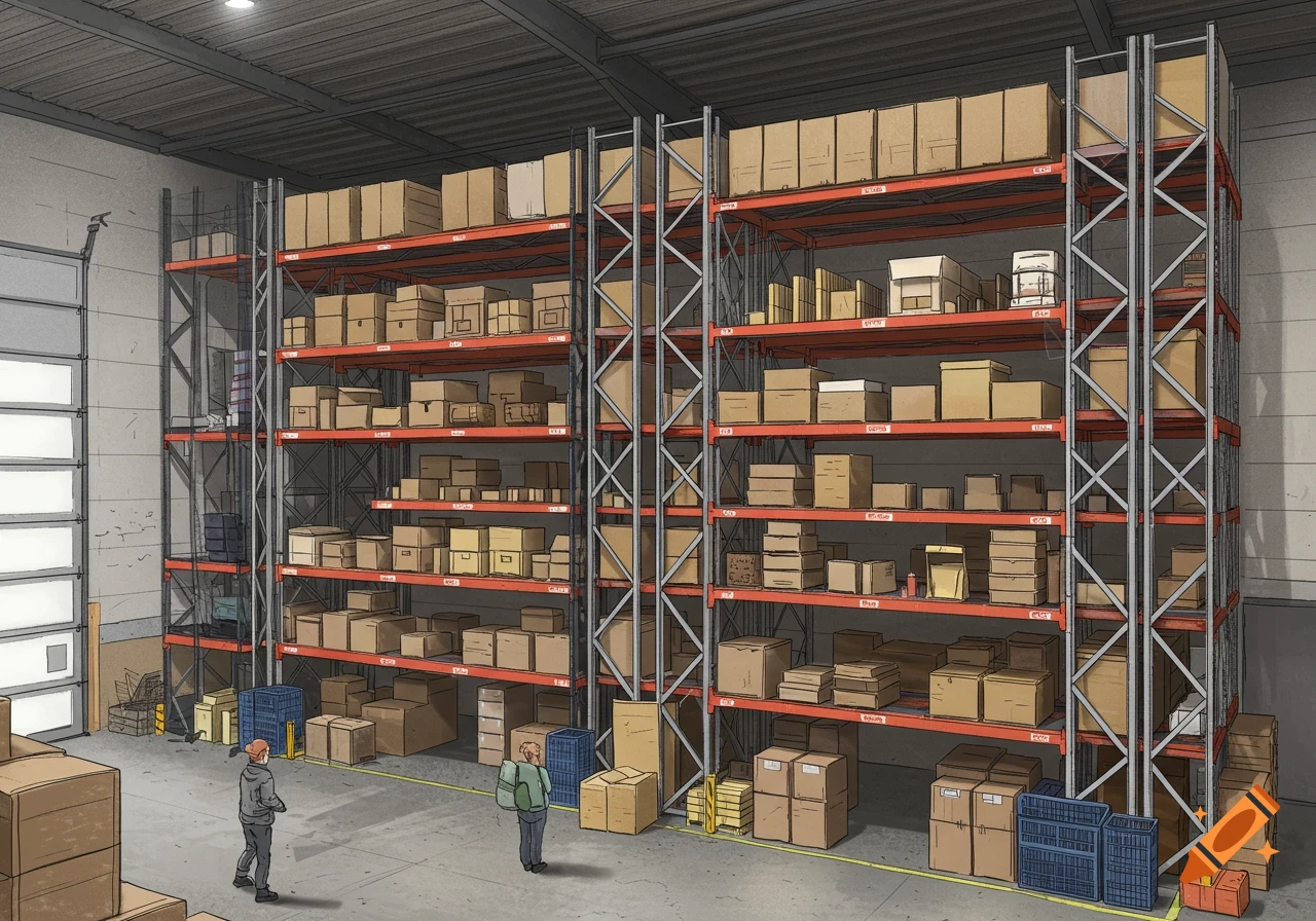 Illustration of a warehouse interior with tall shelves packed with boxes and two people walking.