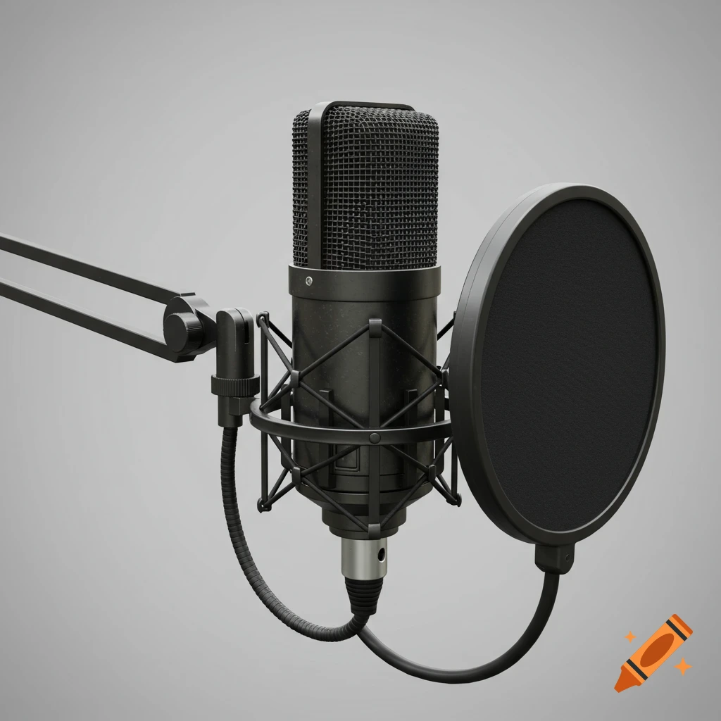 A realistic render of a black condenser microphone on a boom arm with a pop filter.