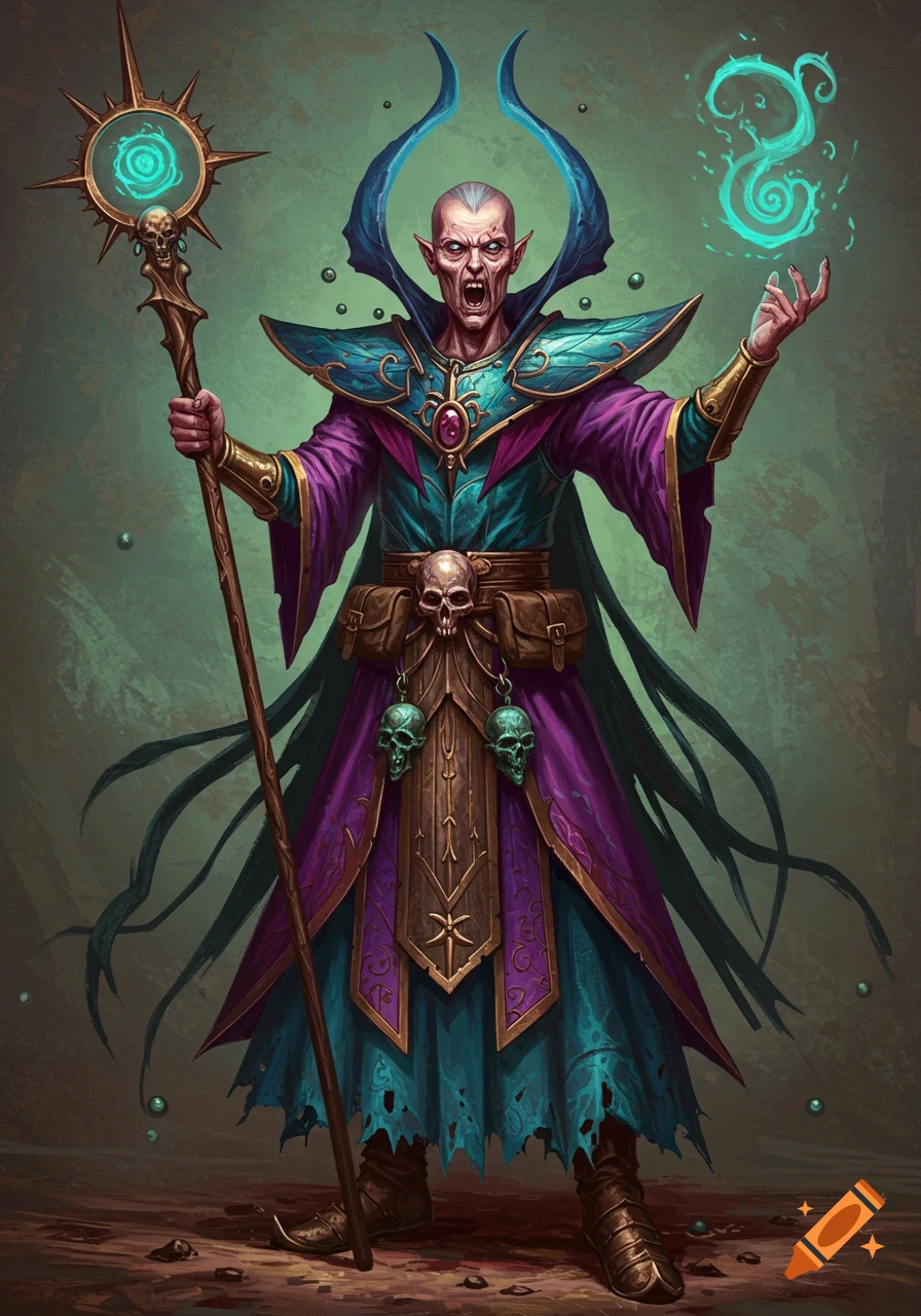 A fantasy warlock character in purple and teal robes, holding a staff and casting magic.