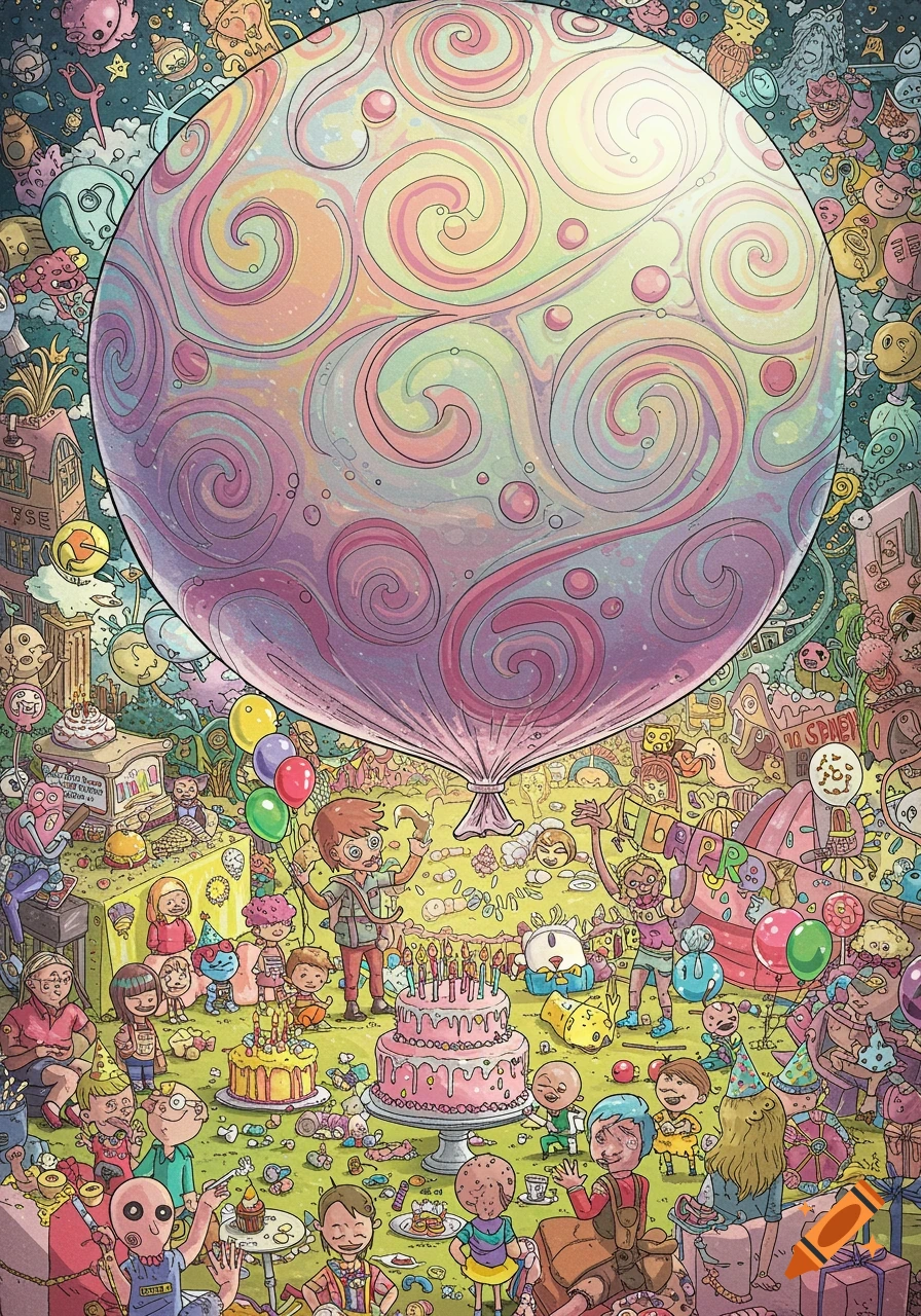 A crowded, detailed illustration of a child's birthday party with a giant, swirled balloon floating above.