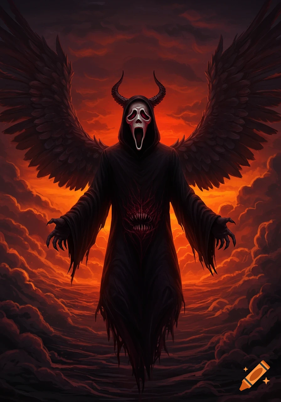 Demonic figure with Ghostface mask, horns, wings in dark, fiery, cloudy sky
