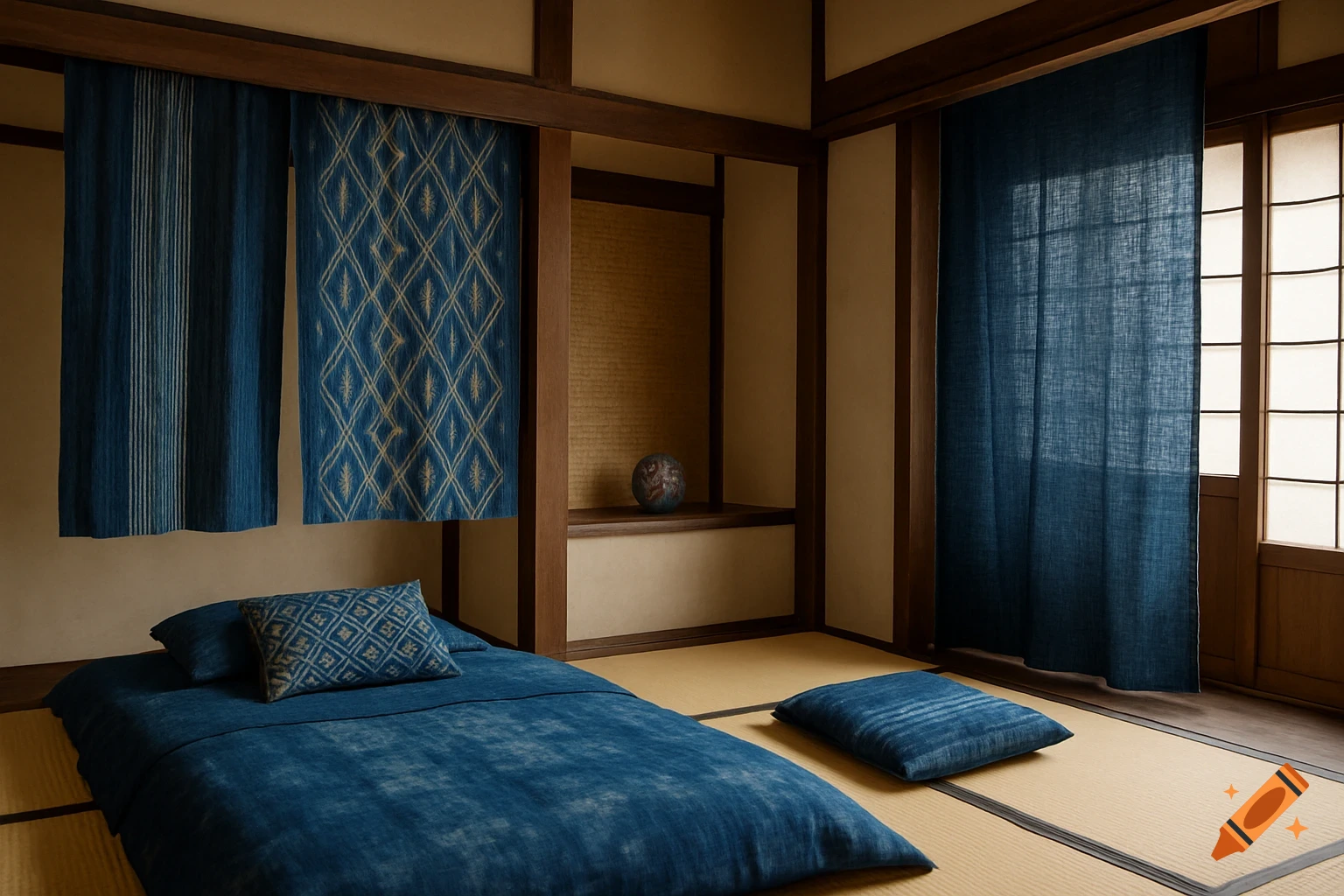 Japanese traditional bedroom interior with blue textile bedding and curtains