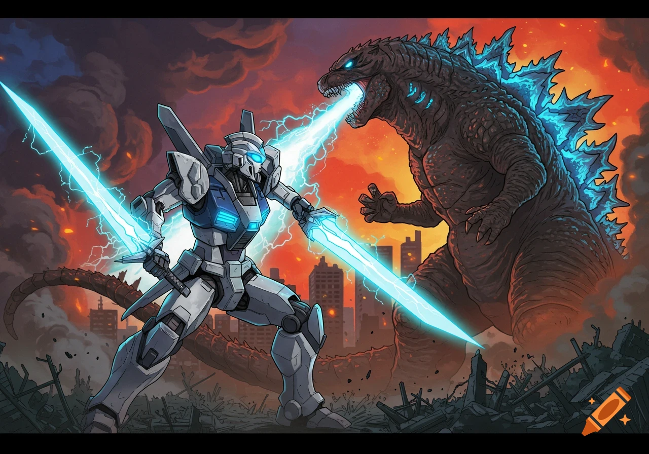Illustration of a giant robot fighting Godzilla with energy swords in a ruined city.