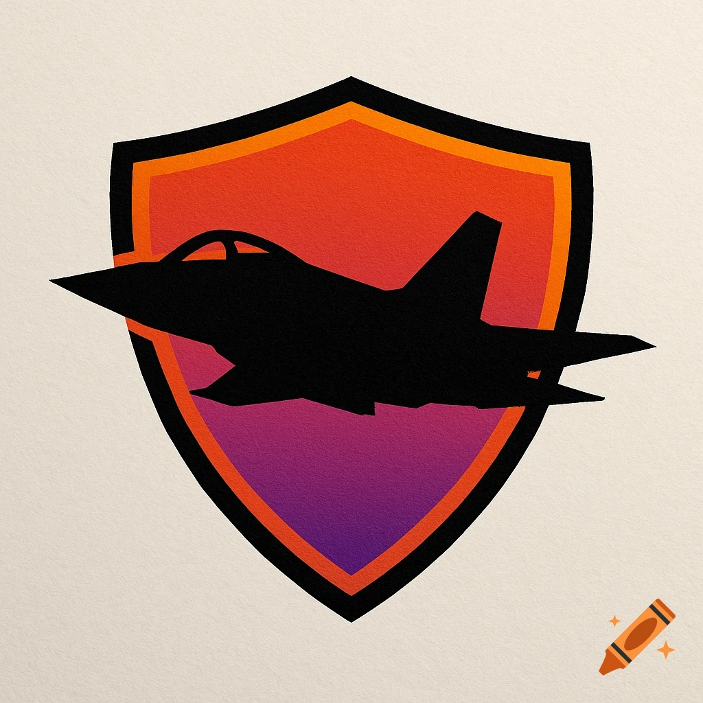 Black fighter jet silhouette inside a shield with an orange to purple gradient.