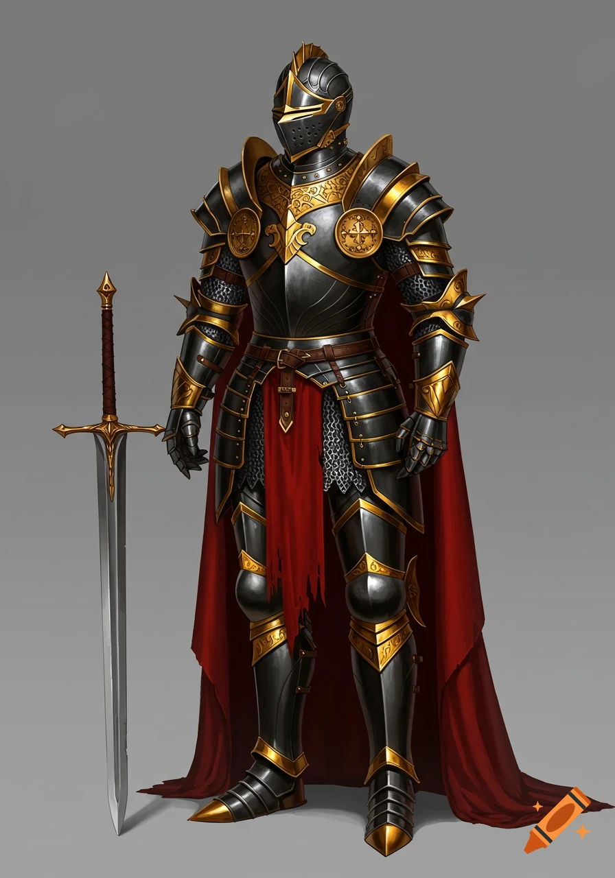 Full body view of a knight in black and gold armor with a red cape, holding a sword.