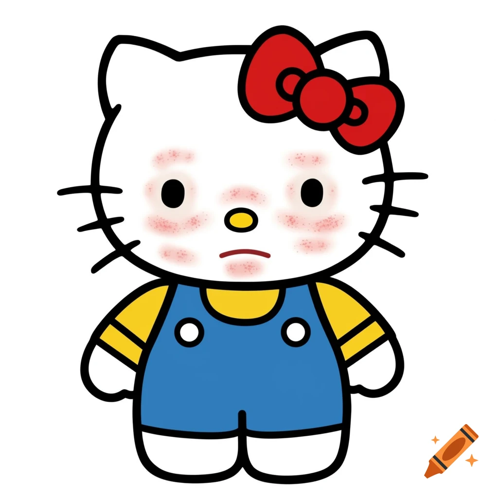 Cartoon drawing of Hello Kitty in overalls with blemishes on her face.