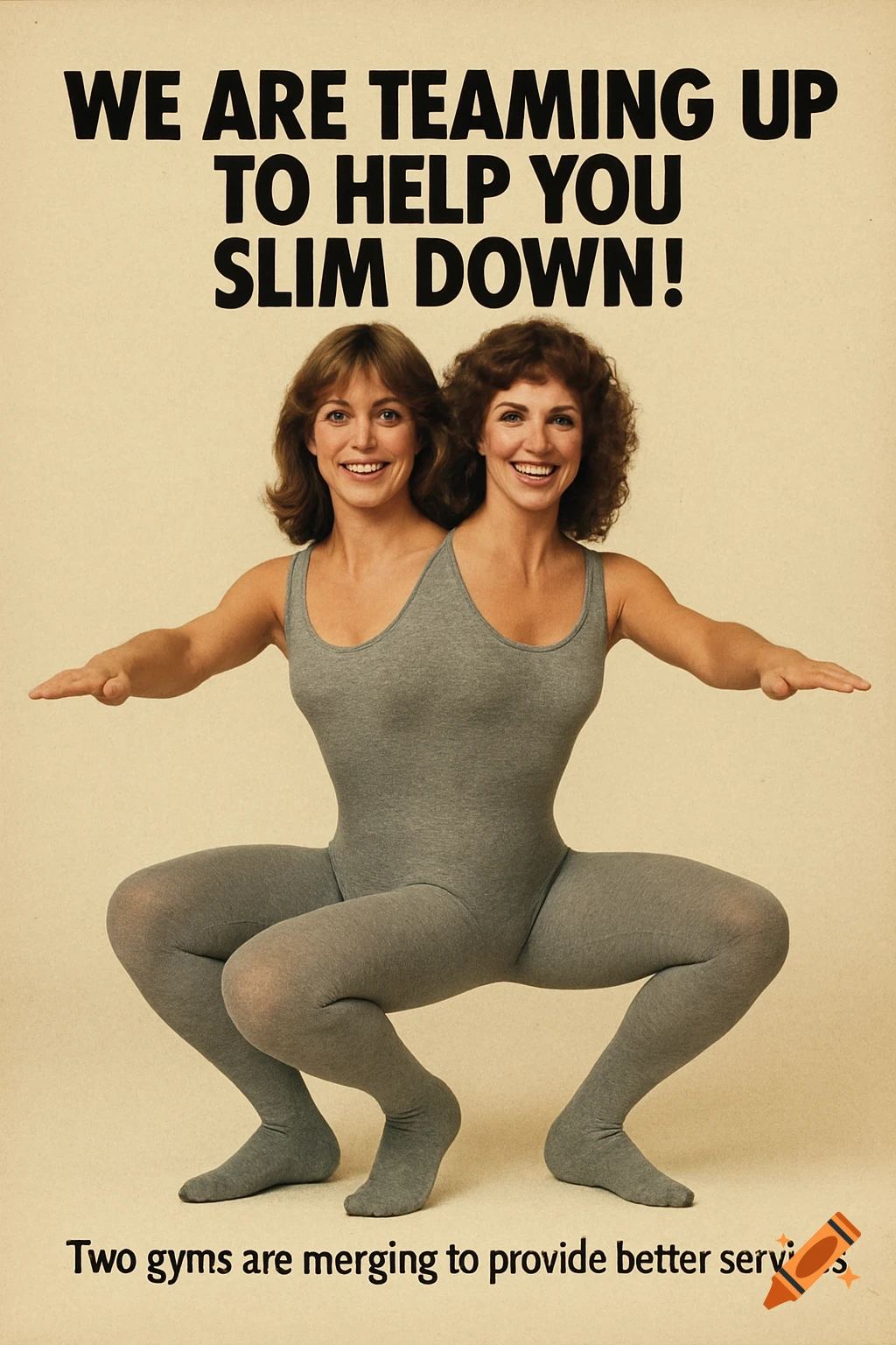 Retro fitness ad with two women merged into a two-headed figure in a squat pose with text.