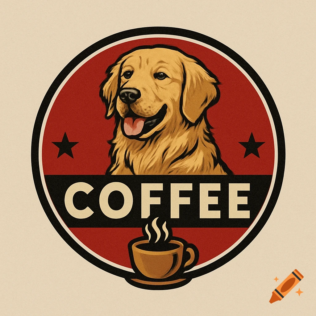 Circular logo with a Golden Retriever, the word COFFEE, and a coffee cup in red, black, and brown.