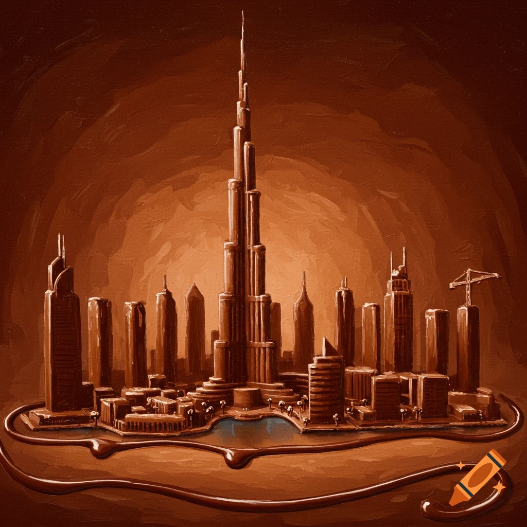 Dubai skyline sculpted from chocolate with melted chocolate base in a painterly style