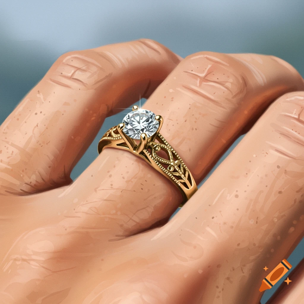 Close-up of a hand wearing an ornate gold ring with a large diamond.