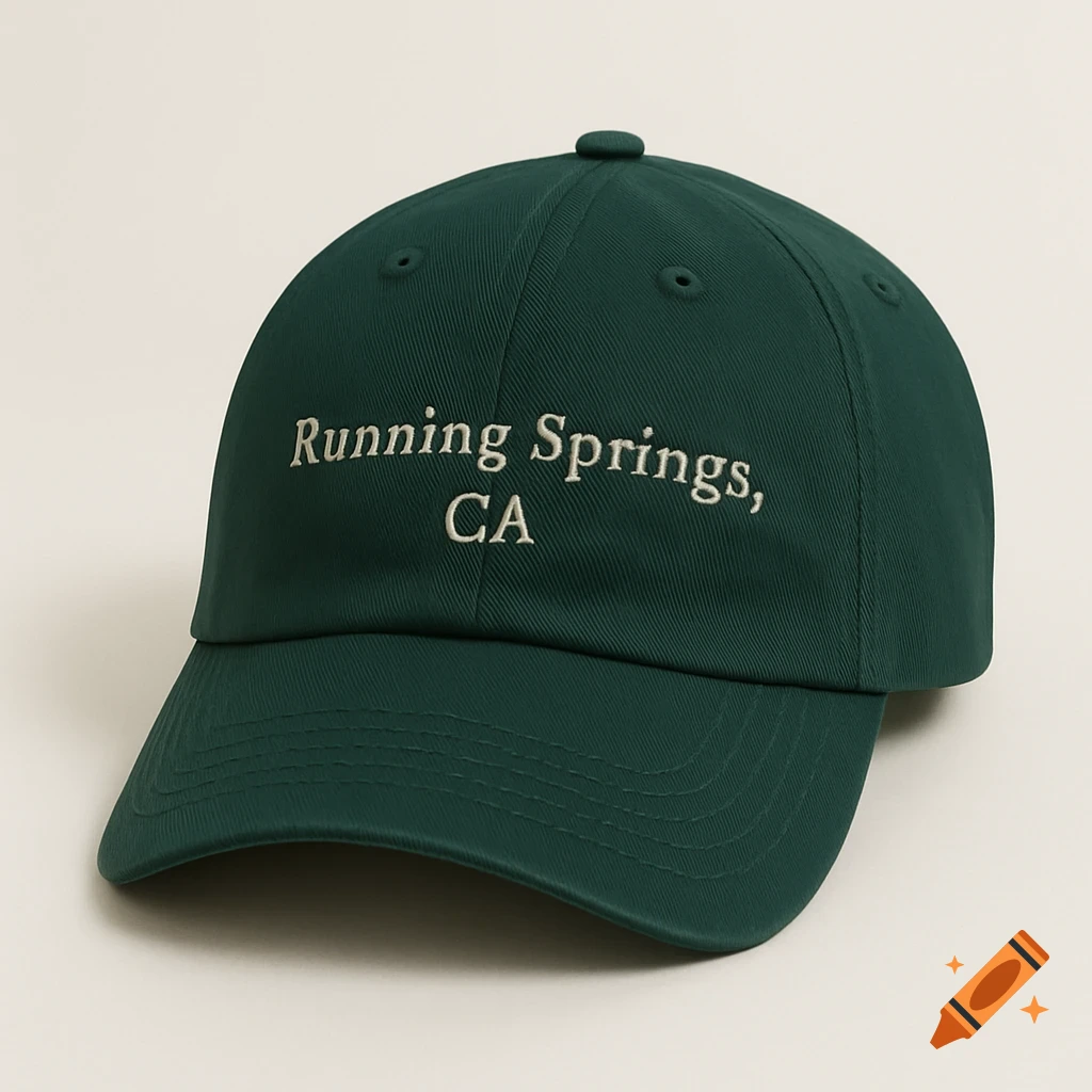 A deep green baseball cap with white embroidered text.