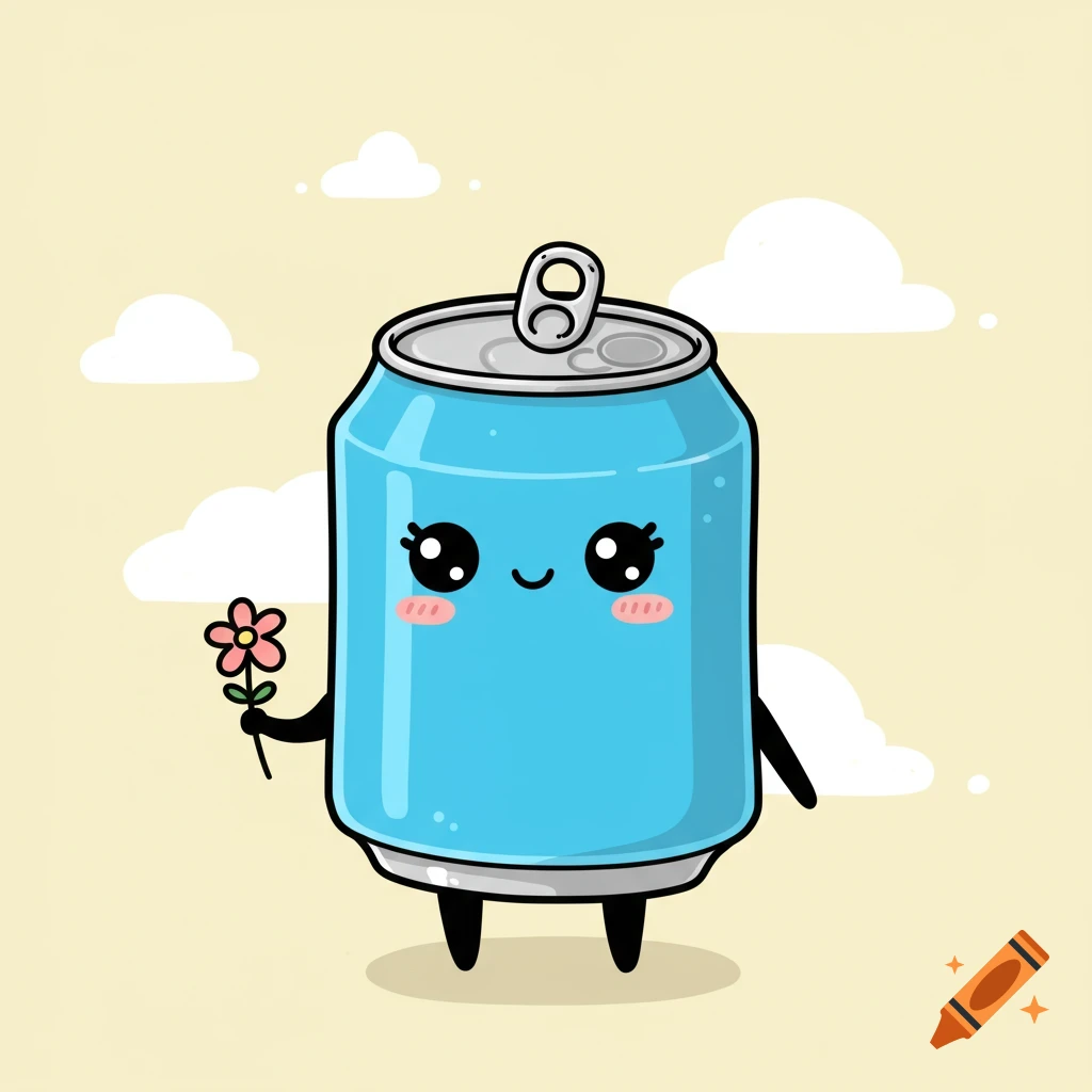 A cute cartoon soda can character with a face and arms holds a flower.