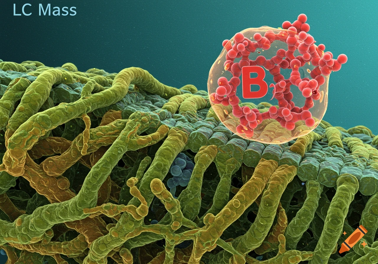 Detailed microscopic view of plant tissue with a cell containing a molecular structure labeled B.