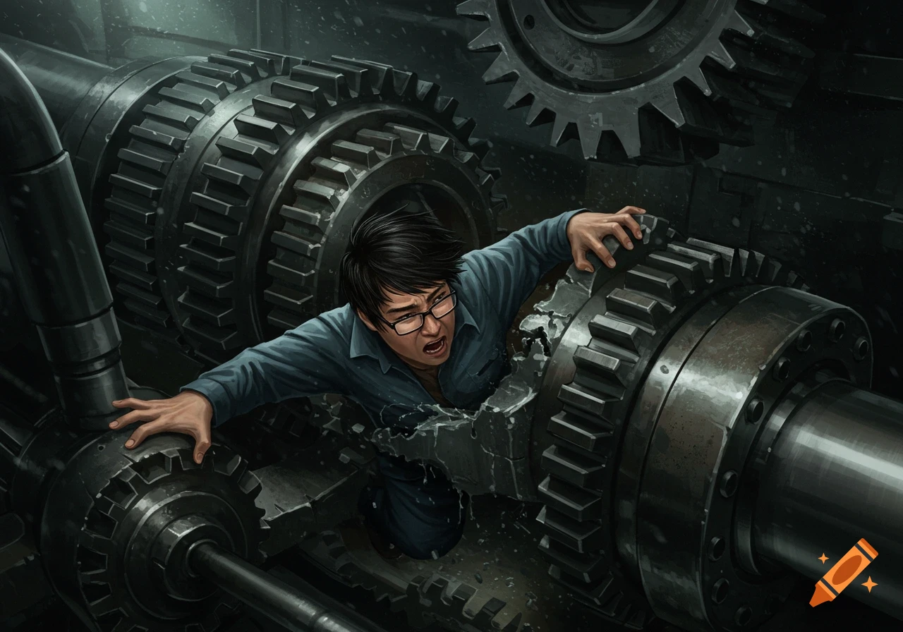 Person trapped and being crushed by large gears in a dark industrial machine